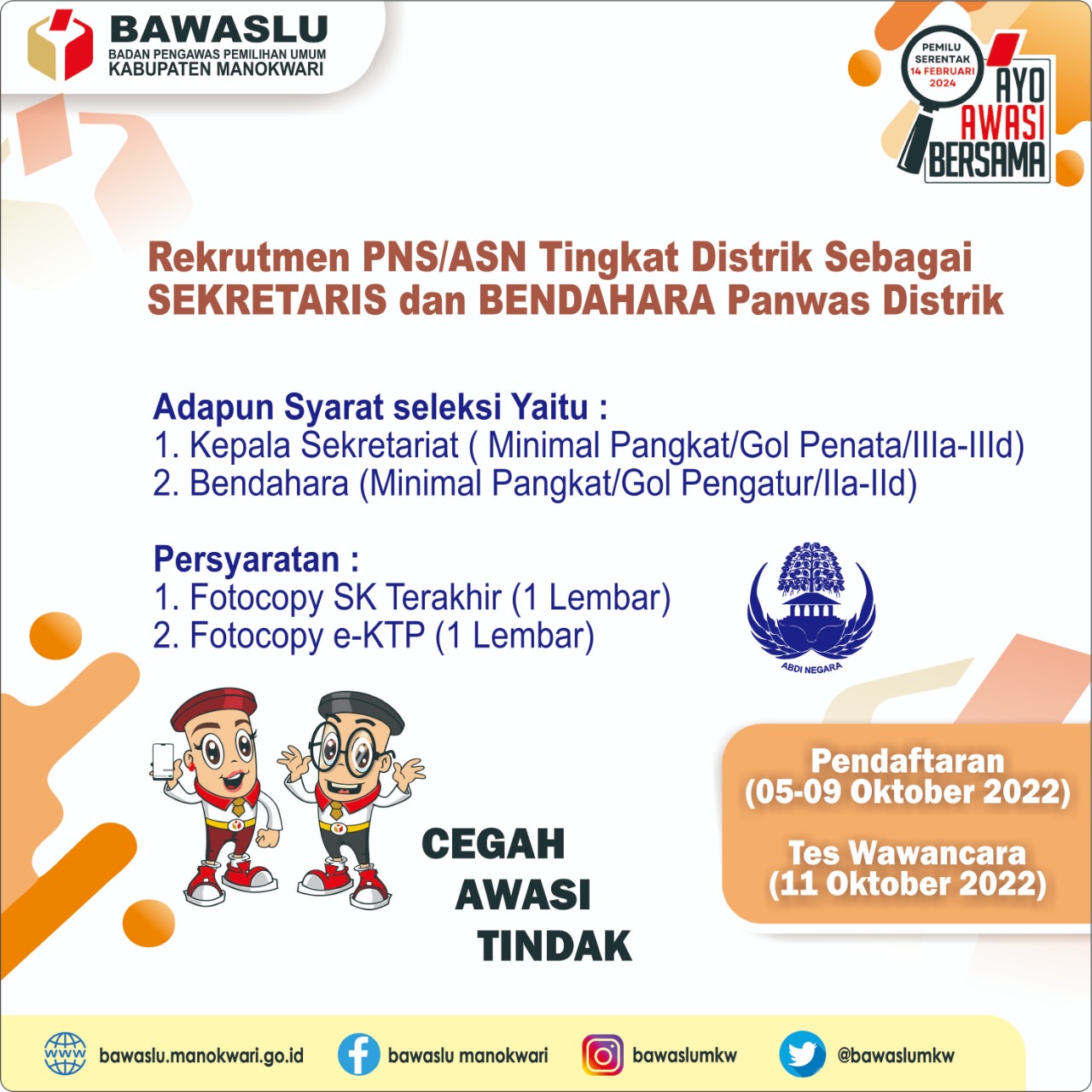 Pengumuman Rekrutmen Kepada PNS/ASN Tingkat Distrik sebagai Sekertaris dan Bendahara Panwas tingkat Distrik, Se-Kabupaten Manokwari