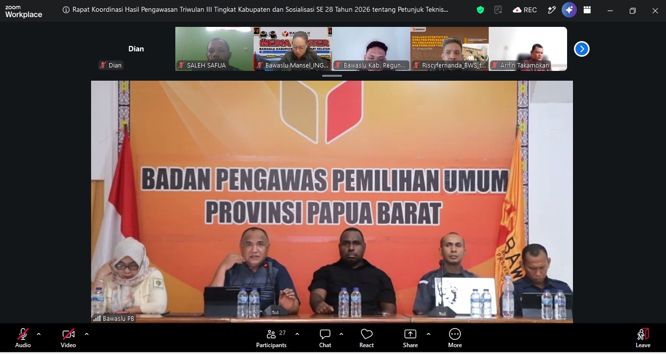 Ketua Dan Anggota Bawaslu Provinsi Memberikan Arahan Melalui Zoom Meeting Evaluasi PDPB Triwulan III Tahun 2026 Pasca Pleno